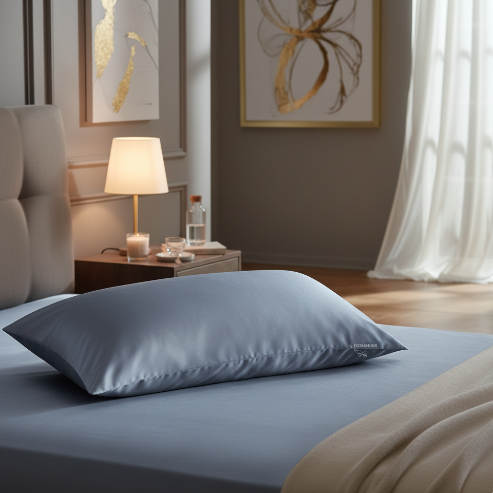 Blue satin pillow on a bed in a bedroom setting with a lamp and decor.